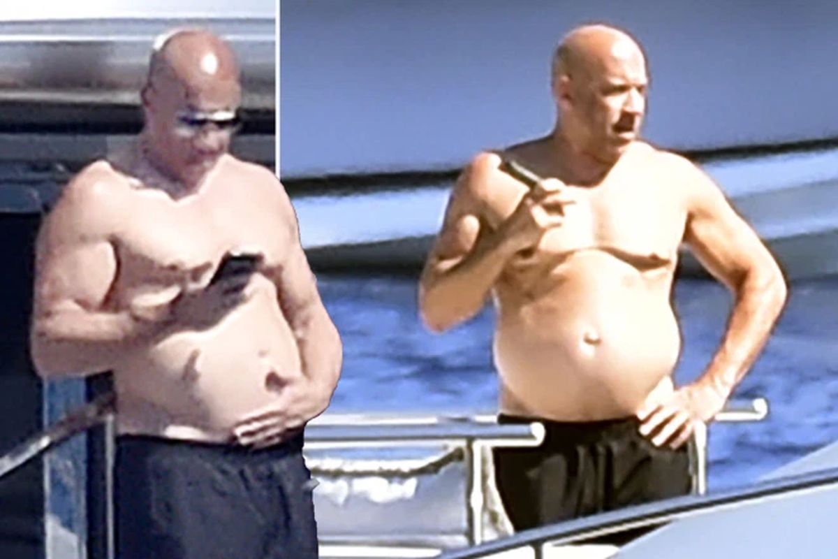 Vin Diesel tertangkap kamera bertelanjang dada dengan perut buncit, khas bapak-bapak. Penampilan ini jauh berbeda dengan citra macho lelaki berotot tebal dalam film-film yang dibintanginya. 