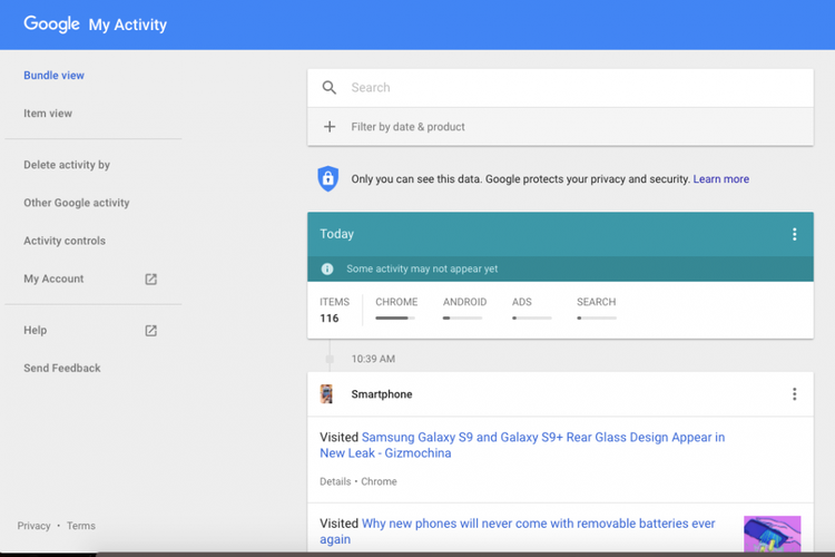 Halaman My Activity di Google.