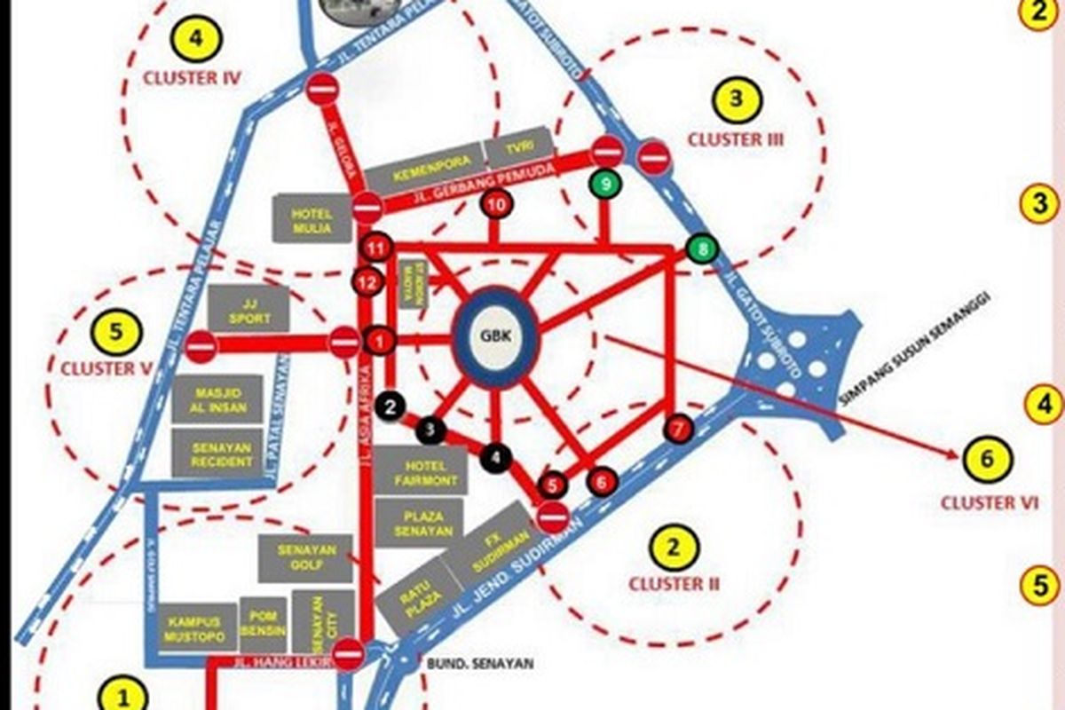 Peta rekayasa arus lalu lintasdi di sekitar kawasan Gelora Bung Karno (GBK), Jakarta, Sabtu (13/10/2018) saat acara penutupan Asian Para Games 2018.