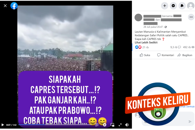 Tangkapan layar unggahan dengan konteks keliru di sebuah akun Facebook, 28 Juli 2023, soal kerumunan orang di Kalimantan untuk menyambut salah satu bakal capres.