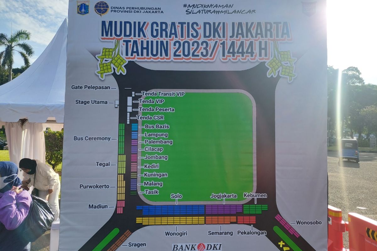 Pembagian bus program mudik gratis dari Pemerintah Provinsi (Pemprov) DKI Jakarta yang bersiaga di kawasan Monas, Jakarta Pusat, dibagikan berdasarkan lokasi tujuan.