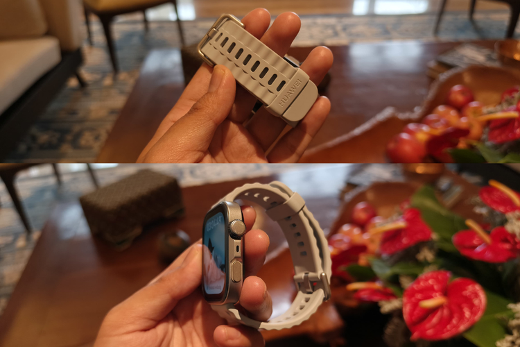 Tampilan strap Fluoroelastomer dengan varian warna biru pada perangkat Huawei Watch Fit 4 Pro. Strap ini mengusung desain 3D Wave dan bagian keeper (loop strap) terdapat emboss tulisan Huawei.