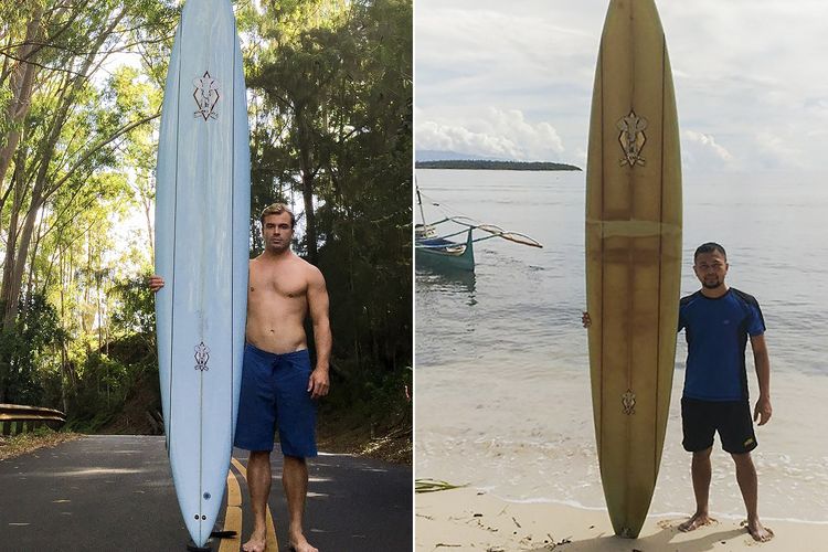 Kolase dua foto, yang kiri menunjukkan Doug Falter bersama papan selancarnya difoto oleh Brent Bielman pada 18 Oktober 2015 di Hawaii, dan yang kanan adalah Giovanne Branzuela yang menemukan papan selancar Falter di Filipina. Papan selancar itu hanyut dari Hawaii pada 2018, dan ditemukan di Filipina selatan pada 2020, mengarungi lautan sejauh 8.000 km.