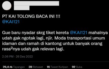 Salah seorang pengguna Twitter mengeluhkan mahalnya harga tiket kereta kelas ekonomi mulai tahun 2018 hingga 2022.