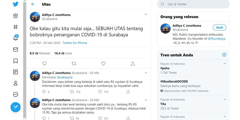 Akun Twitter @cakasana menuliskan cuitan soal tudingan bobroknya penanganan Covid-19 via Twitter.