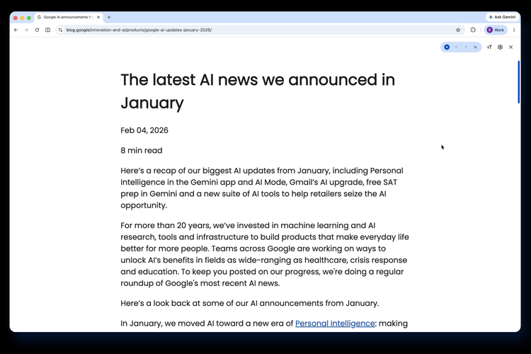 Tampilan mode Membaca di Google Chrome