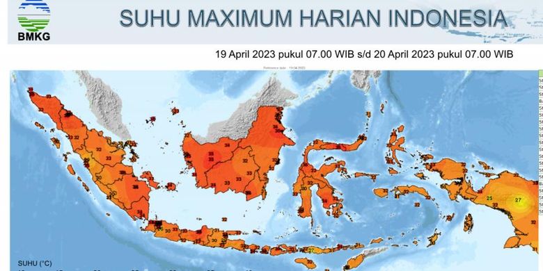 Suhu maksimum harian Indonesia per 20 April 2023 pukul 07.00 WIB