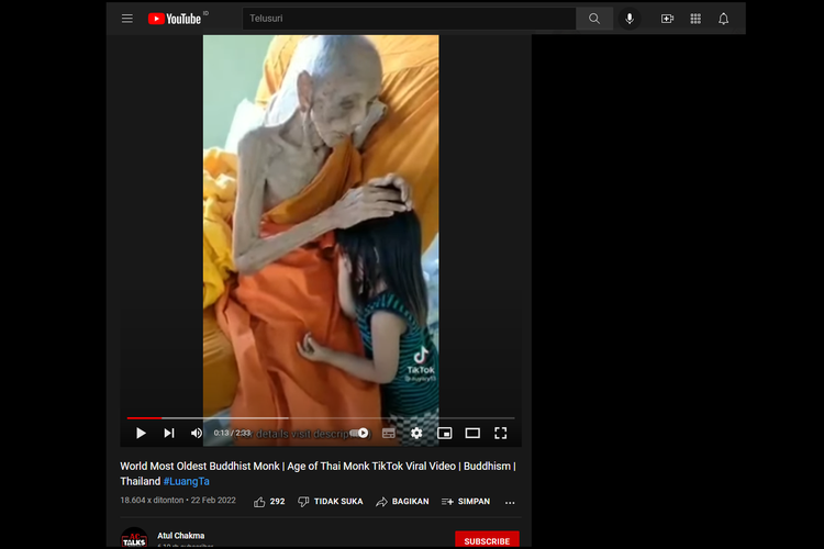 Tangkapan layar video di kanal YouTube Atul Chakma yang diunggah pada 22 Februari 2022, tentang biksu asal Thailand yang berusia 109 tahun.