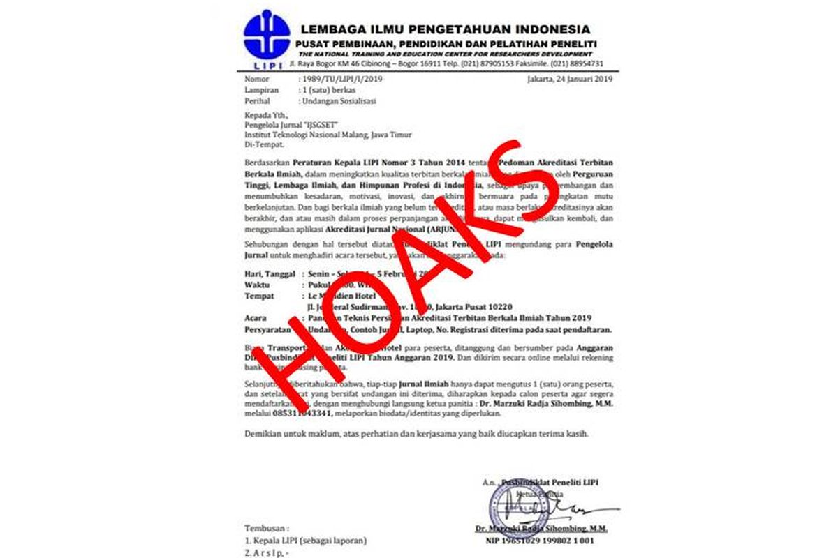 Hoaks adanya surat yang mengatasnamakan LIPI dalam acara sosialisasi diklat pada 4-5 Februari 2019.