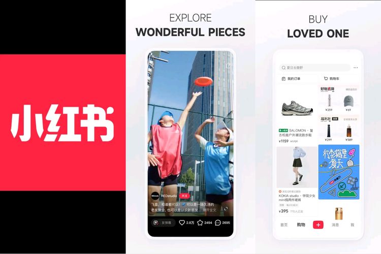 Tampilan aplikasi RedNote yang menawarkan tampilan seperti TikTok dan ada fitur belanja.