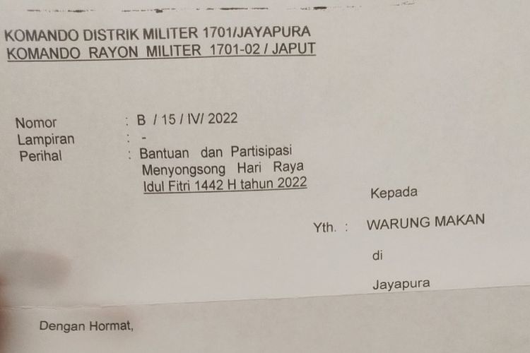 Beredar surat permintaan bantuan ke warung makan dari Koramil Jayapura.