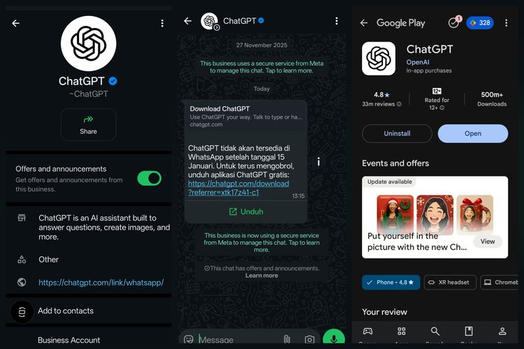 Ilustrasi akun WhatsApp ChatGPT yang mengirim pesan disertai dengan link download.