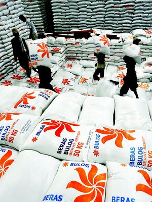 Pekerja mengangkut beras impor dari Vietnam ke Gudang Bulog di Jakarta, Kamis (20/10). Hingga awal Oktober 2011, Perum Bulog telah merealisasikan impor beras sebanyak 536.000 ton. 