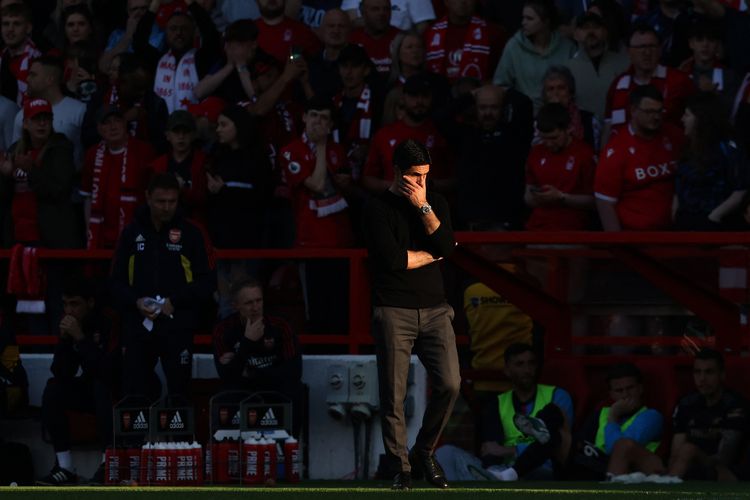 Manajer Arsenal Mikel Arteta dalam laga pekan ke-37 Liga Inggris 2022-2023 melawan Nottingham Forest di Stadion City Ground, Sabtu (20/5/2023) malam WIB. Arsenal kalah 0-1 dari Nottingham dan dipastikan gagal menjuarai Premier League musim ini.