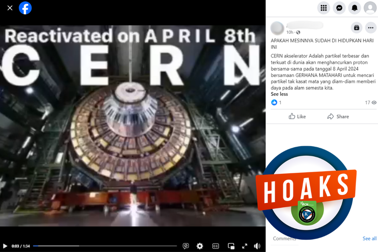 Tangkapan layar konten hoaks di sebuah akun Facebook, Senin (8/4/2024), mengenai gerhana Matahari berkaitan dengan pengaktifan CERN.