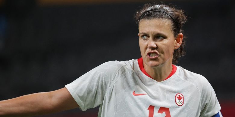 Pemain timnas putri Kanada Christine Sinclair saat tampil pada Olimpiade Tokyo 2020.