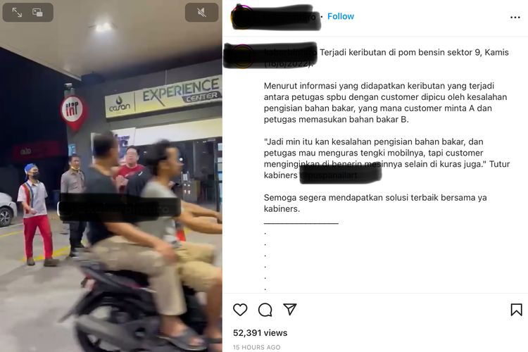 Tangkapan layar video viral Instagram, keributan antara pegawai SPBU dan konsumen di SPBU Bintaro Tangsel.