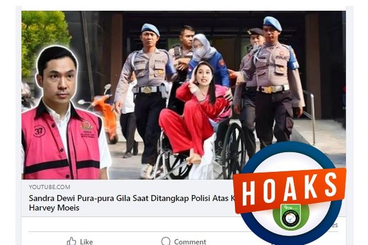 Tangkapan layar Facebook, narasi yang mengeklaim Sandra Dewi pura-pura gila saat ditangkap polisi 