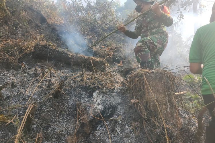 Petugas saat memadamkan api di Gunung Terong Banyuwangi 
