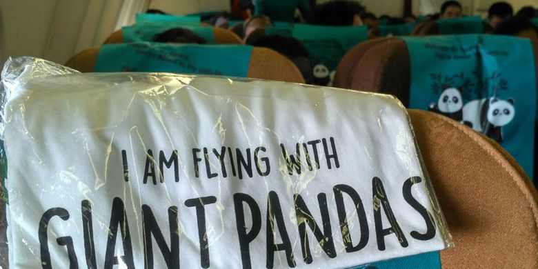 Dalam penerbangan pesawat Airbus 330-200 Garuda Indonesia dari China ke Indonesia, Kamis (28/9/2017), setiap penumpang mendapatkan kaus bergambar panda dan bertuliskan I AM FLYING WITH GIANT PANDAS.