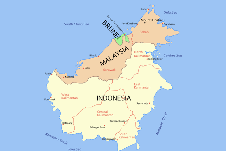 Peta wilayah Pulau Kalimantan. Ada 5 Provinsi di Kalimantan beserta Ibukotanya.
 
