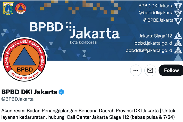 Tampilan akun Twitter BPBD Jakarta untuk pantau banjir Jakarta secara online.
