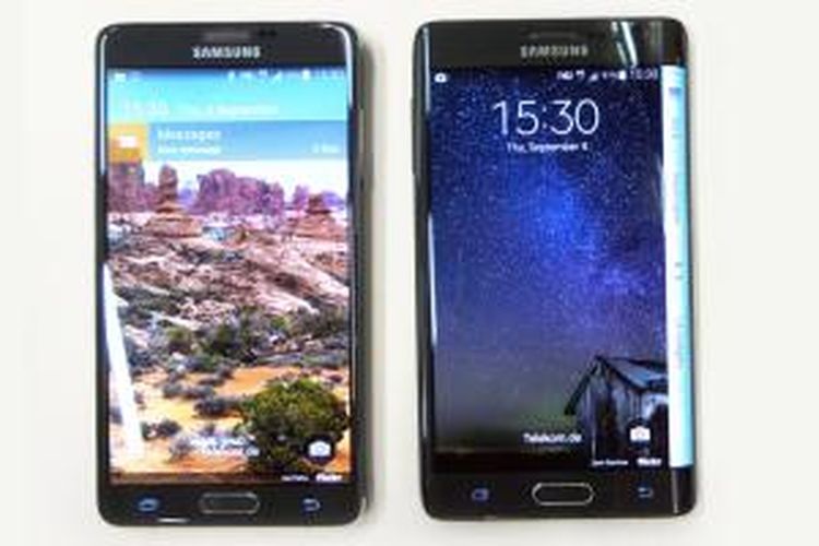 Tampilan depan Samsung Galaxy Note 4 (kiri) dan Galaxy Note Edge.