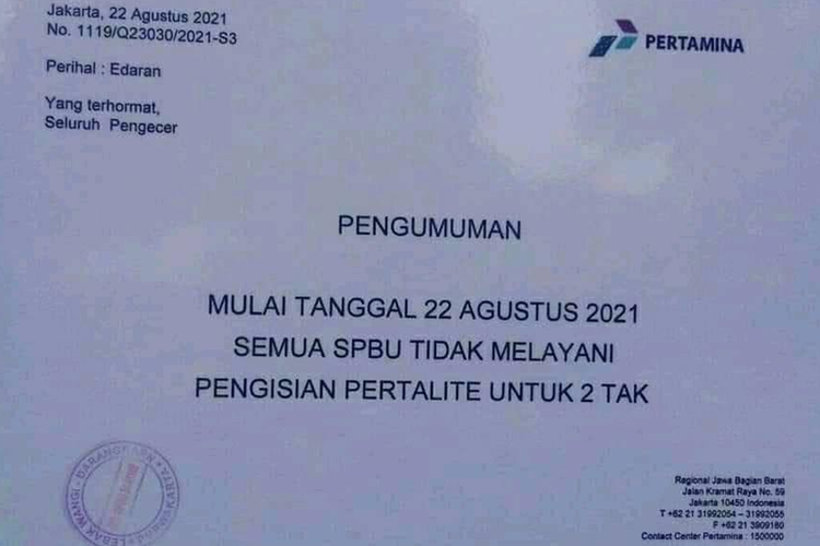 Beredar pengumuman yang menyatakan, mulai 22 Agustus 2021, seluruh SPBU tidak melayani pengisian Pertalite untuk sepeda motor 2-tak.