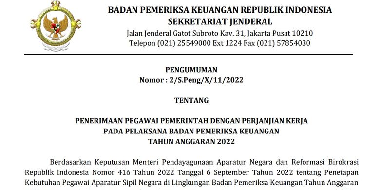 Badan Pemeriksaan Keuangan Republik Indonesia (BPK RI) membuka rekrutmen PPPK tahun 2022 untuk Tenaga Kesehatan dan Tenaga Teknis.