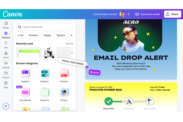 Pengguna bisa menyusun email dengan sistem drag-and-drop, menambahkan gambar, tombol, dan logo brand tanpa perlu menulis kode HTML.