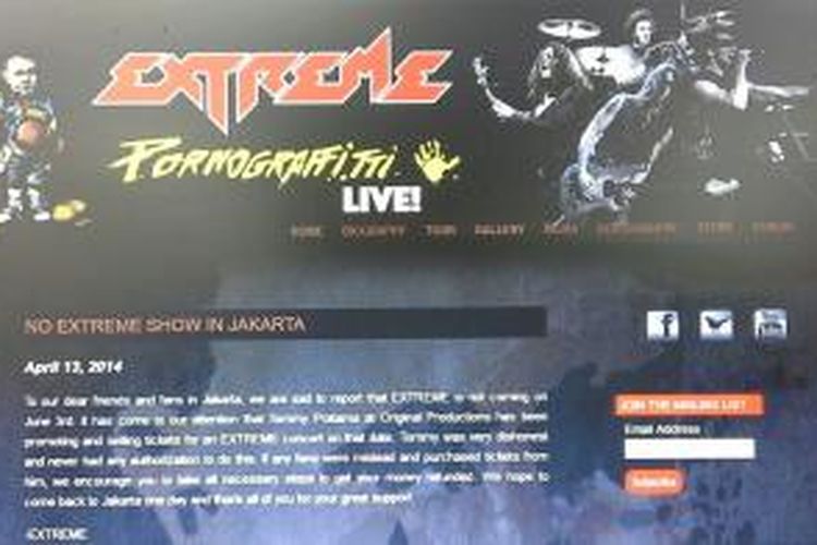 Melalui situs resmi mereka, pihak band AS Extreme mengumumkan pembatalan konser Pornografitti Live yang sedianya akan digelar di Jakarta, 3 Juni 2014.