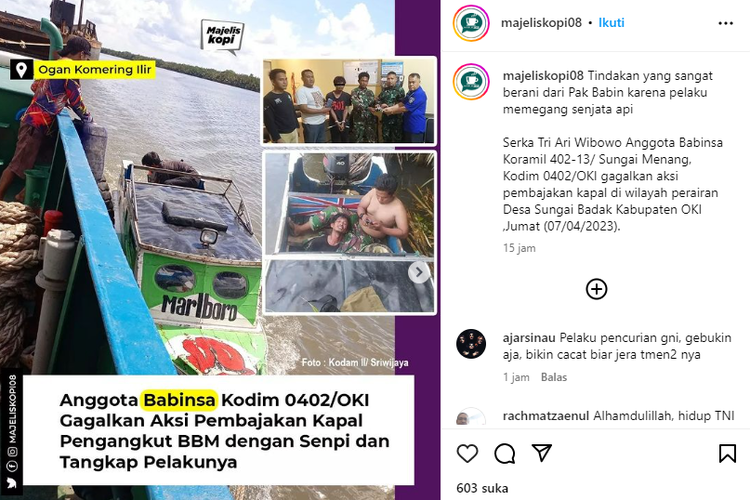 Tangkapan layar Babinsa di Ogan Komering Ilir (OKI), Sumatera Selatan (Sumsel) menggagalkan aksi pembajakan kapal pengangkut bahan bakar minyak (BBM).