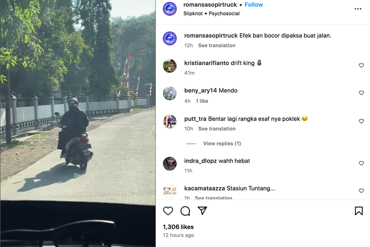 Pengendara motor yang memaksaan berkendara dalam kondisi ban bocor