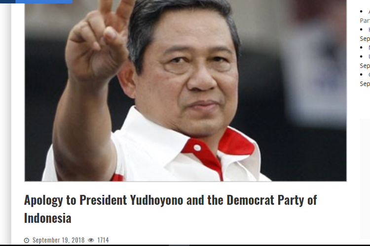 Permintaan maaf media Asia Sentinel kepada mantan Presiden RI Susilo Bambang Yudhoyono yang dimuat di lamannya, Rabu (19/9/2018) 