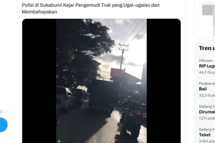 Tangkapan layar video polisi kejar truk ugal-ugalan di Sukabumi, Jawa Barat.