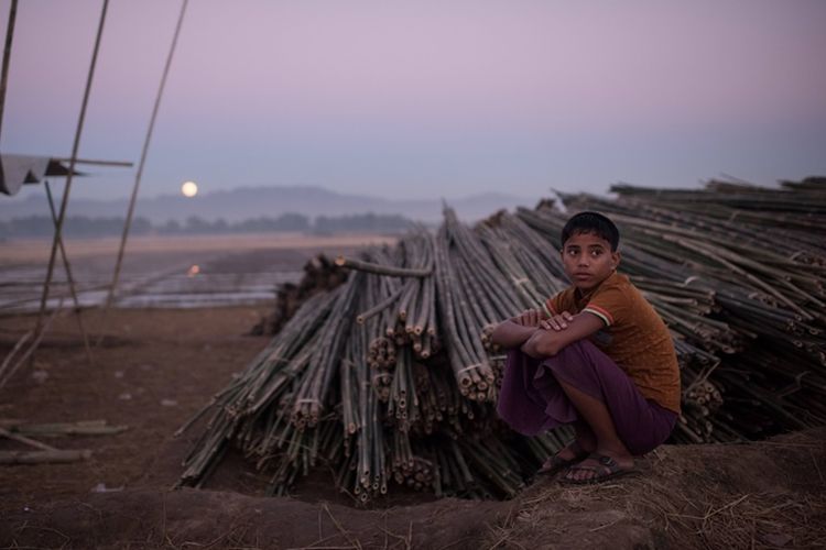 Anak pengungsi Rohingya duduk di dekat tumpukan bambu yang akan digunakan membangun tenda pengungsian di Naybara, Coxs Bazar.