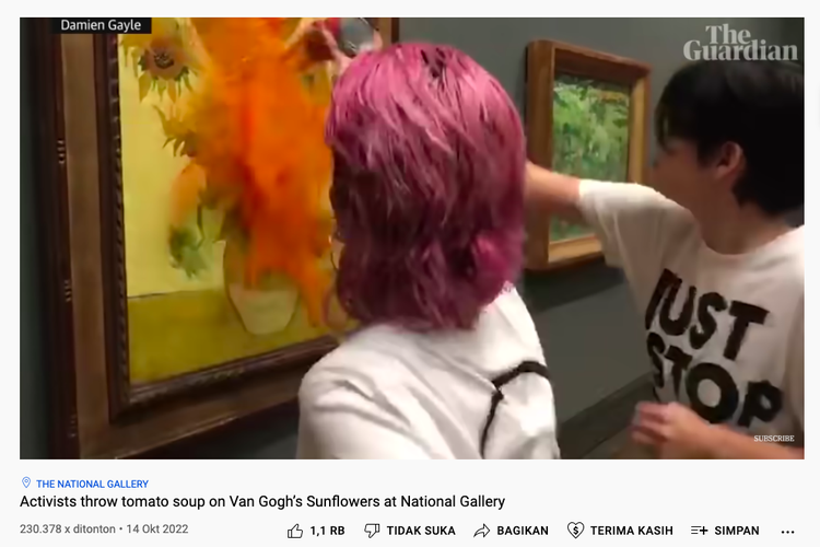 Tangkapan layar video detik-detik lukisan legendaris jutaan dollar Van Gogh dilempar saus tomat
