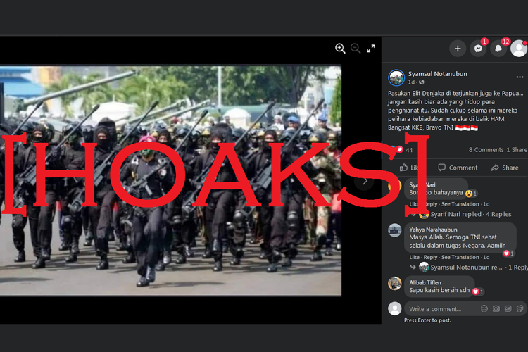 Akun Facebook Syamsul Notanubun menyebarkan informasi hoaks tentang kedatangan pasukan elit Denjaka untuk menumpas KKB di Papua.