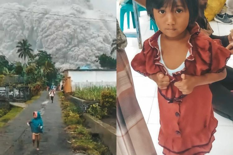 Nurfida (7) saat lari dari asap dan awan panas Gunung Semeru (kiri) dan saat ditemui relawan Little Project di posko pengungsia (kanan).