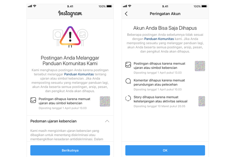 Ilustrasi peringatan Instagram sebelum akun berpotensi diblokir