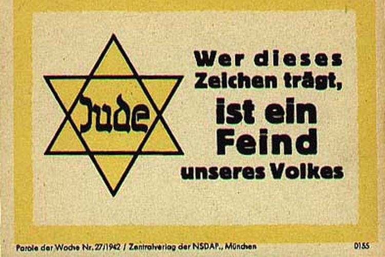 Selebaran propaganda Nazi: ?Siapapun yang membawa tanda ini adalah musuh rakyat kami?.
