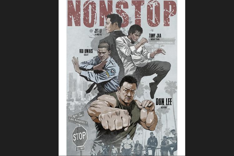 Poster film Nonstop yang dibintangi Ma Dong Seok atau Don Lee, Iko Uwais, Jet Li, dan Tony Ja.