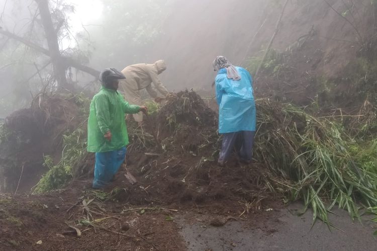 Tebing longsor akibat tingginya curah hujan membuat akses wisata ke Gunung Bromo terputus, Senin (10/2/2025).