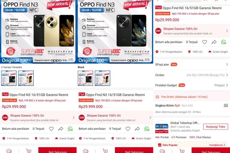 Harga Oppo Find N3 di Indonesia di salah satu toko ponsel yang ada di e-commerce rekanan Oppo.