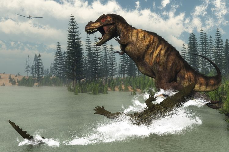 Ilustrasi nenek moyang buaya (Deinosuchus) menerkam Tyrannosaurus rex (T.rex). Ukurannya yang sangat besar menjadi ancaman bagi dinosaurus.