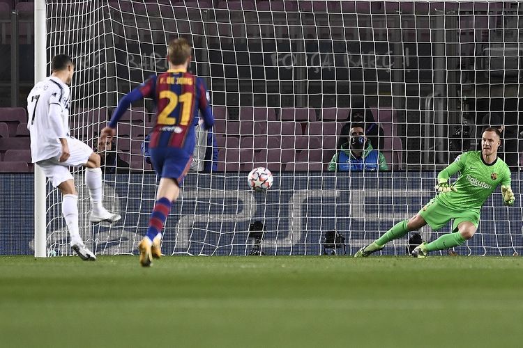 Penyerang Juventus Cristiano Ronaldo (kiri) mencetak gol penalti dalam pertandingan Grup G Liga Champions antara Barcelona vs Juventus di Stadion Camp Nou di Barcelona pada 8 Desember 2020.
