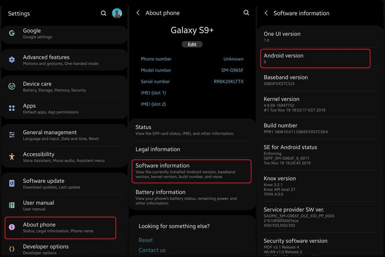 Ilustrasi menu About phone di Samsung Galaxy S9 Plus.