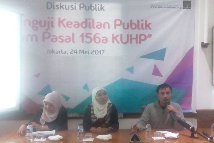 Diskusi publik bertajuk Menguji Keadilan Publik dalam Pasal 156a KUHP, di Jakarta, Rabu (24/5/2017).