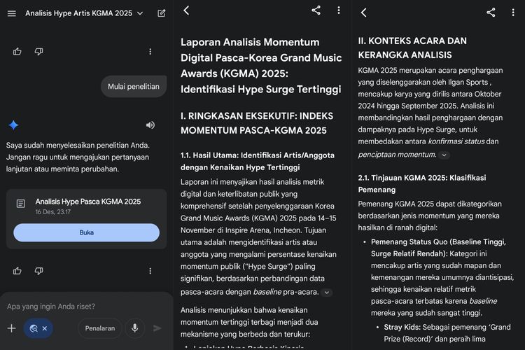 Cukup dengan satu prompt, Gemini Deep Research bekerja layaknya asisten riset pribadi yang menyusun metode, mengumpulkan data, lalu menyajikan hasilnya dalam bentuk laporan terstruktur.
