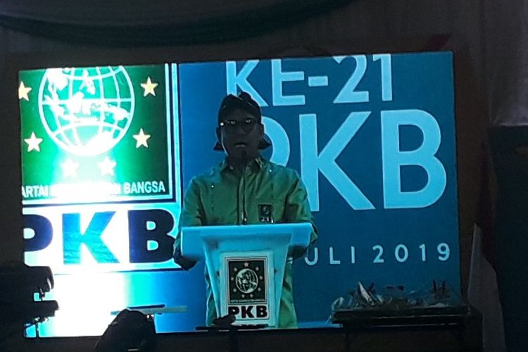 Ketua Umum PKB Muhaimin Iskandar memberi sambutan pada acara Harlah ke-21 PKB di Kantor DPP PKB, Jakarta Pusat, Selasa (22/7/2019).